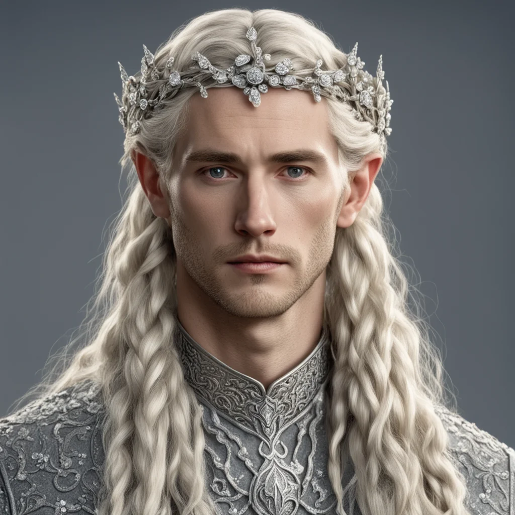 tolkien king amroth with blond hair and braids wearing small silver flowers encrusted with diamonds intertwined to form a silver sindarin elvish circlet with large center diamond