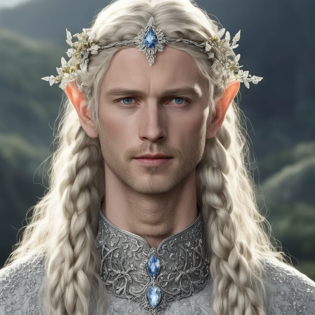aitolkien king amroth with blond hair and braids wearing small silver flowers encrusted with diamonds to form small silver elvish circlet with large center diamond  amazing awesome portrait 2