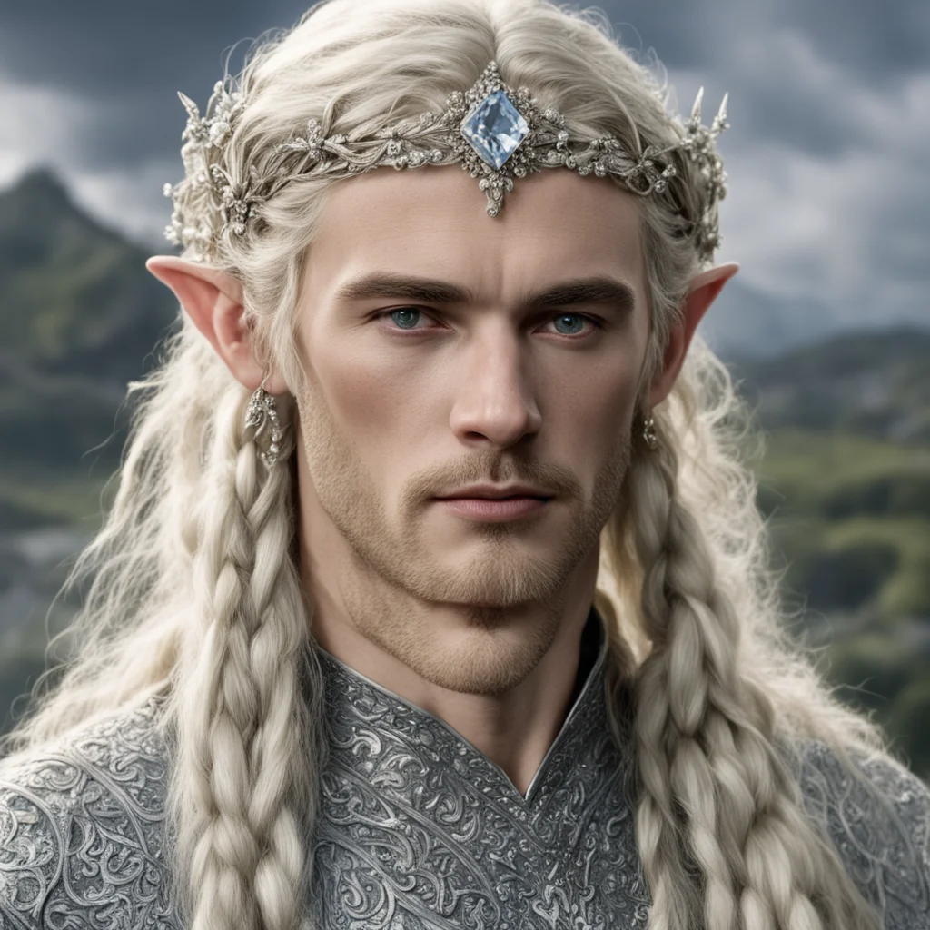 aitolkien king amroth with blond hair and braids wearing small silver flowers encrusted with diamonds to form small silver elvish circlet with large center diamond 