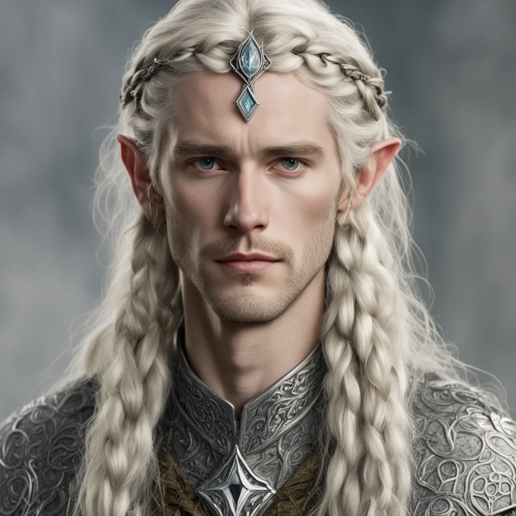 aitolkien king amroth with blond hair and braids wearing small silver serpentine elvish circlet with large center diamond good looking trending fantastic 1