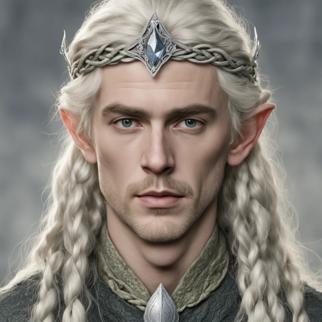 tolkien king amroth with blond hair and braids wearing small silver serpentine elvish circlet with large center diamond