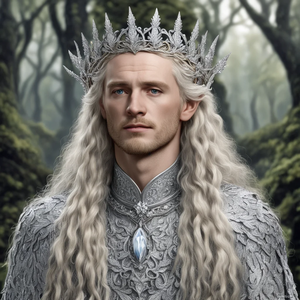 tolkien king amroth with blond hair and braids with silver oak leaves encrusted with diamonds with diamond clusters to form a silver elvish coronet with large center diamond  amazing awesome portrai