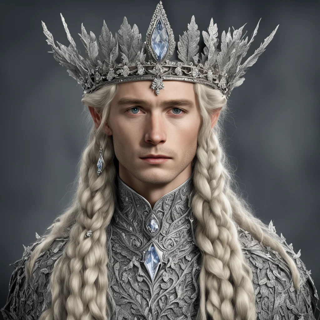 tolkien king amroth with blond hair and braids with silver oak leaves encrusted with diamonds with diamond clusters to form a silver elvish coronet with large center diamond  good looking trending f