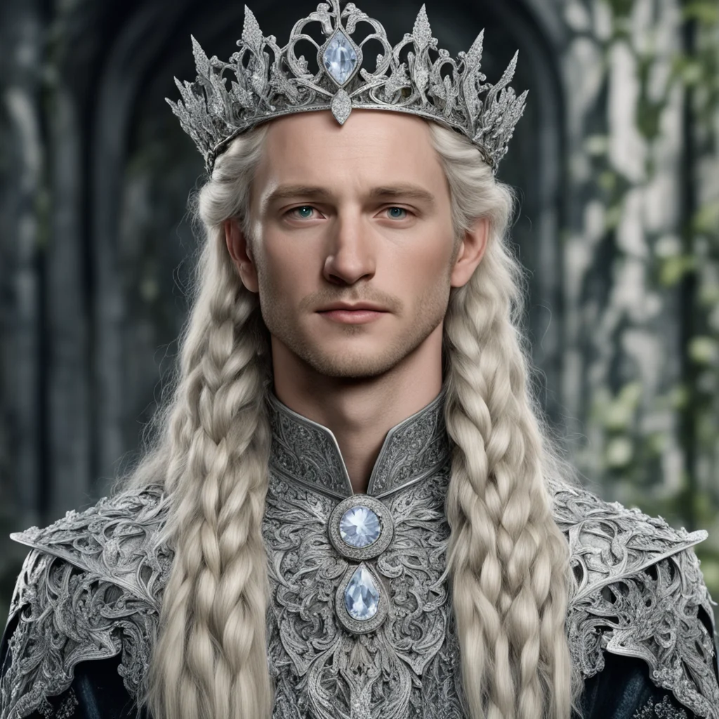 tolkien king amroth with blond hair and braids with silver oak leaves encrusted with diamonds with diamond clusters to form a silver elvish coronet with large center diamond 