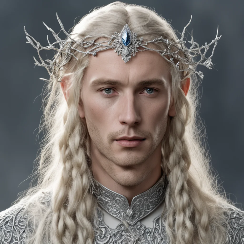 aitolkien king amroth with blond hair and braids with silver twigs encrusted with diamonds to form a silver sindarin elvish circlet with large center diamond  amazing awesome portrait 2