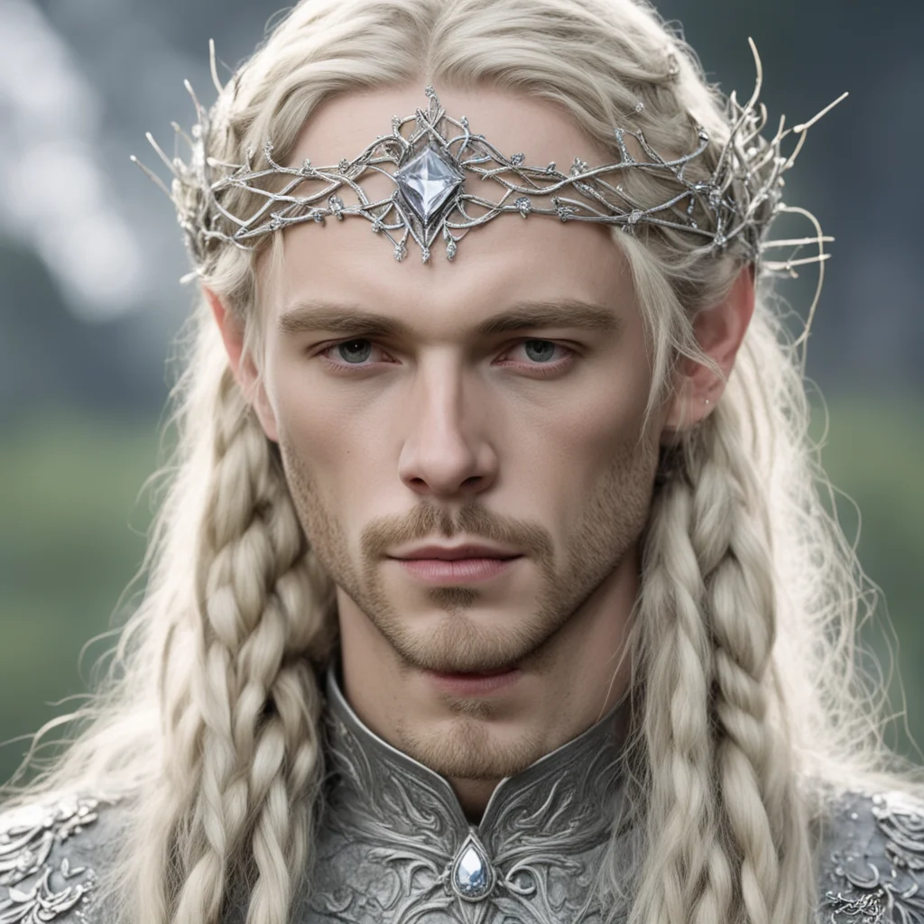tolkien king amroth with blond hair and braids with silver twigs encrusted with diamonds to form a silver sindarin elvish circlet with large center diamond  confident engaging wow artstation art 3.w