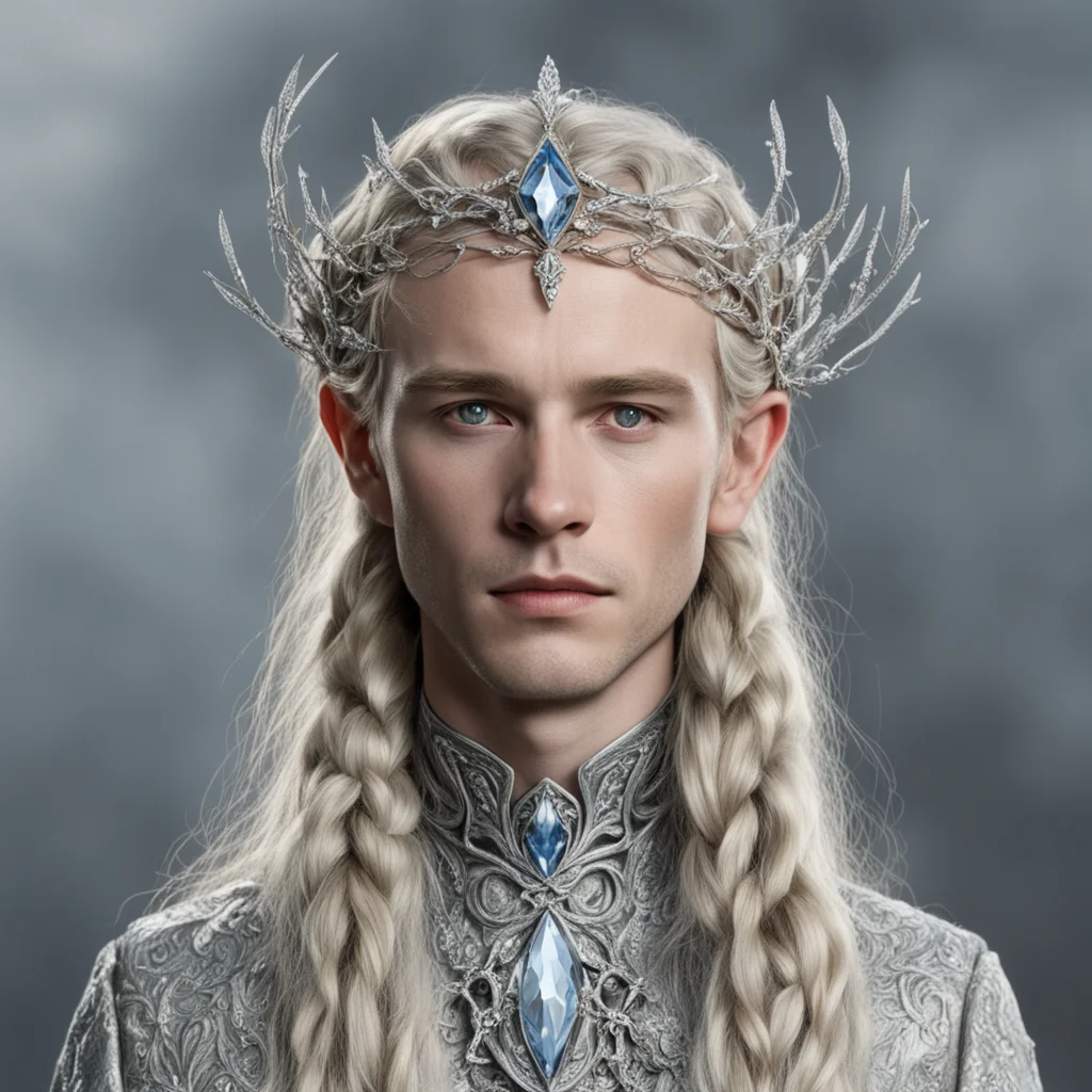 aitolkien king amroth with blond hair and braids with silver twigs encrusted with diamonds to form a silver sindarin elvish circlet with large center diamond 