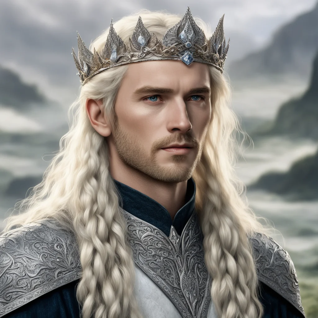 aitolkien king amroth with blond hair with braids wearing silver elven coronet with diamonds confident engaging wow artstation art 3