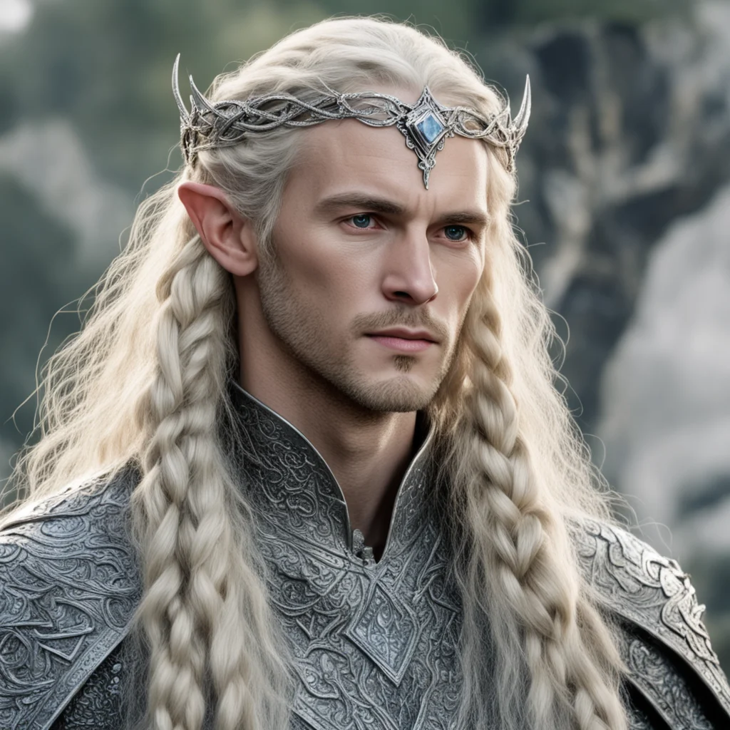 aitolkien king amroth with blond hair with braids wearing silver fiery serpentine silver elvish circlet encrusted with diamonds with large center diamond amazing awesome portrait 2