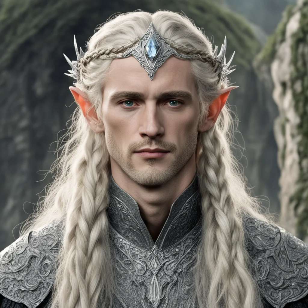 aitolkien king amroth with blond hair with braids wearing silver fiery serpentine silver elvish circlet encrusted with diamonds with large center diamond good looking trending fantastic 1