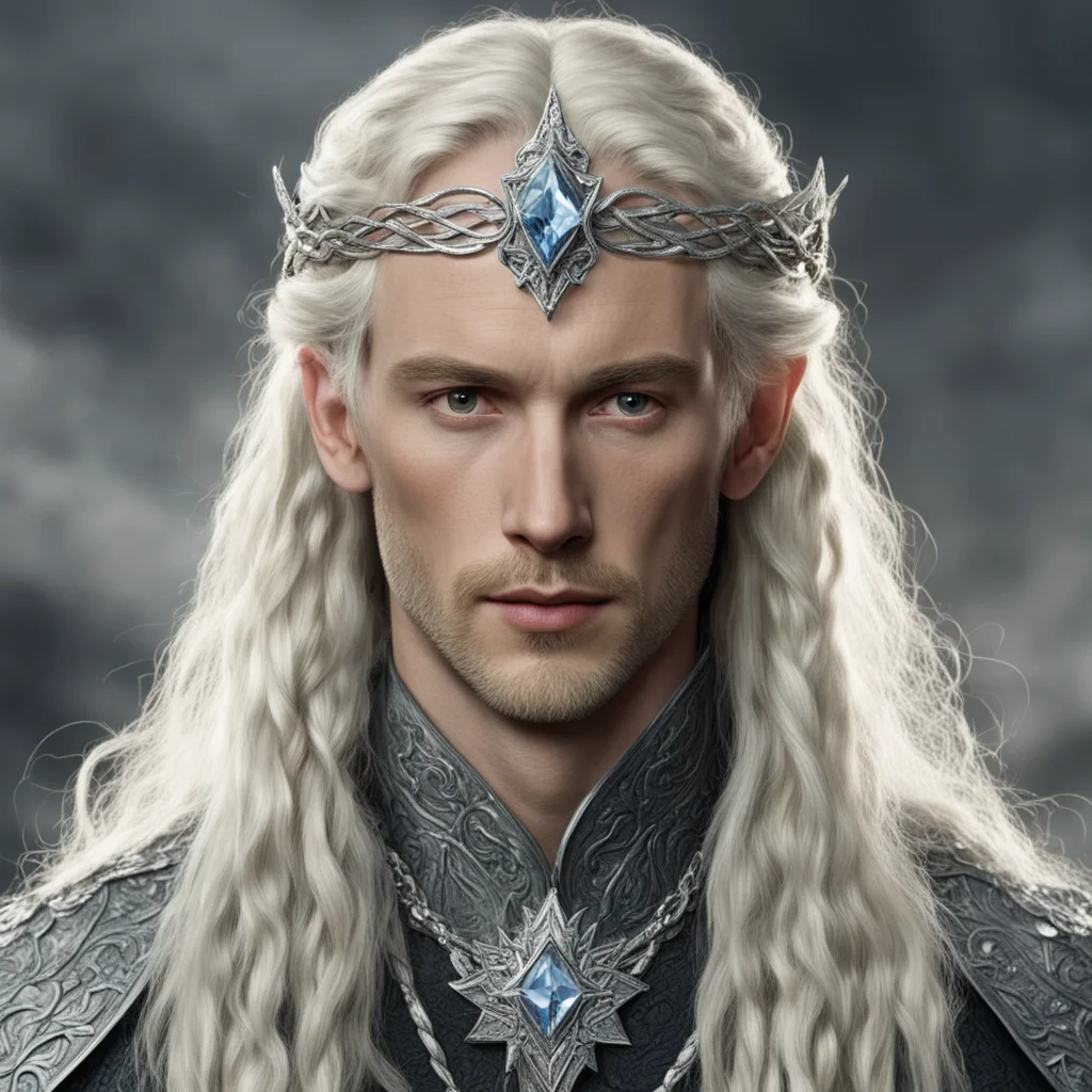 tolkien king amroth with blond hair with braids wearing silver fiery serpentine silver elvish circlet encrusted with diamonds with large center diamond