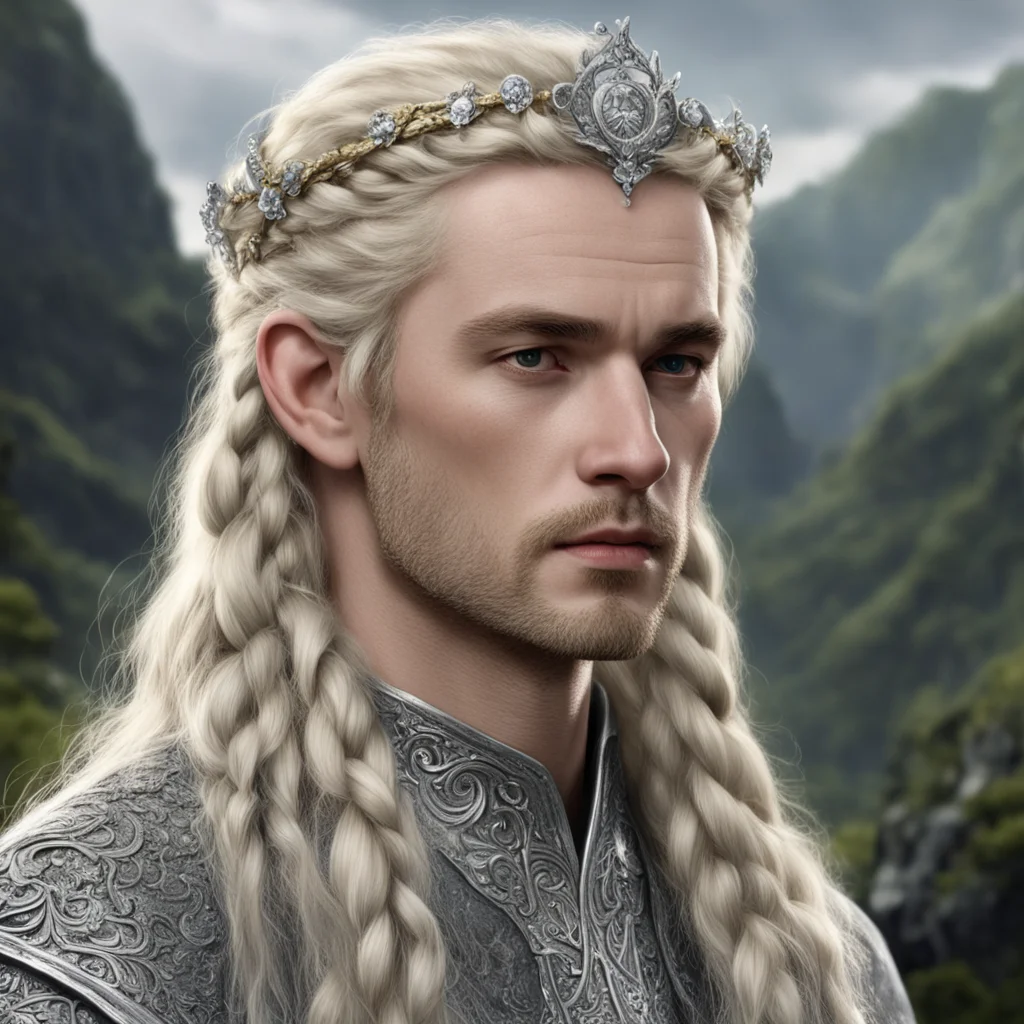 tolkien king amroth with blond hair with braids wearing silver flower elvish circlet encrusted with diamonds confident engaging wow artstation art 3