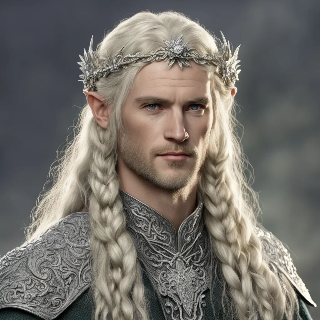 aitolkien king amroth with blond hair with braids wearing silver flower elvish circlet encrusted with diamonds good looking trending fantastic 1