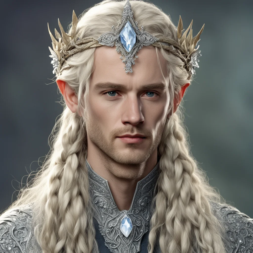 aitolkien king amroth with blond hair with braids wearing silver flower elvish circlet encrusted with diamonds with large center diamond  amazing awesome portrait 2