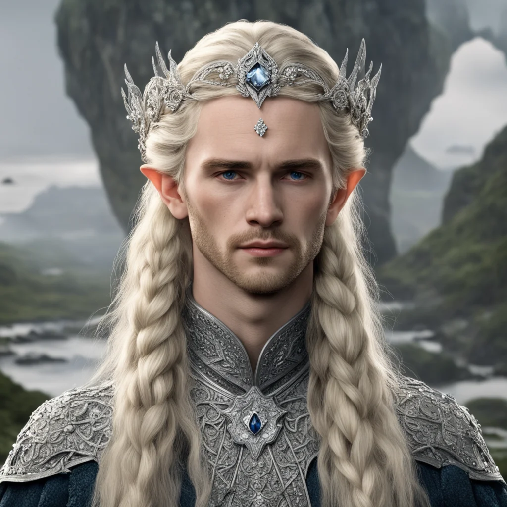 aitolkien king amroth with blond hair with braids wearing silver flower elvish circlet encrusted with diamonds with large center diamond  good looking trending fantastic 1