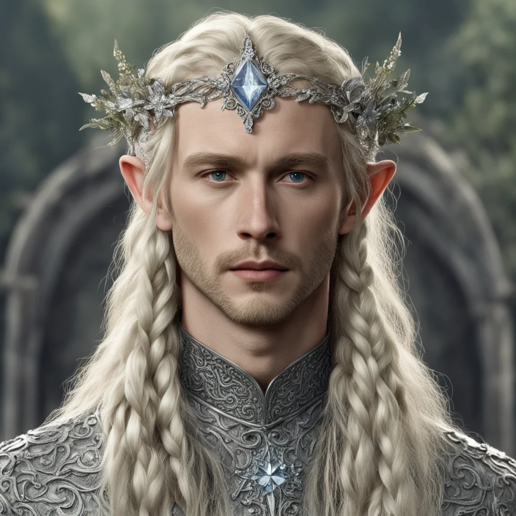 tolkien king amroth with blond hair with braids wearing silver flower elvish circlet encrusted with diamonds with large center diamond 