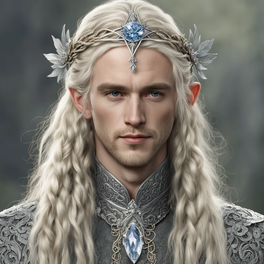 tolkien king amroth with blond hair with braids wearing silver flower elvish circlet encrusted with diamonds with large center diamond amazing awesome portrait 2