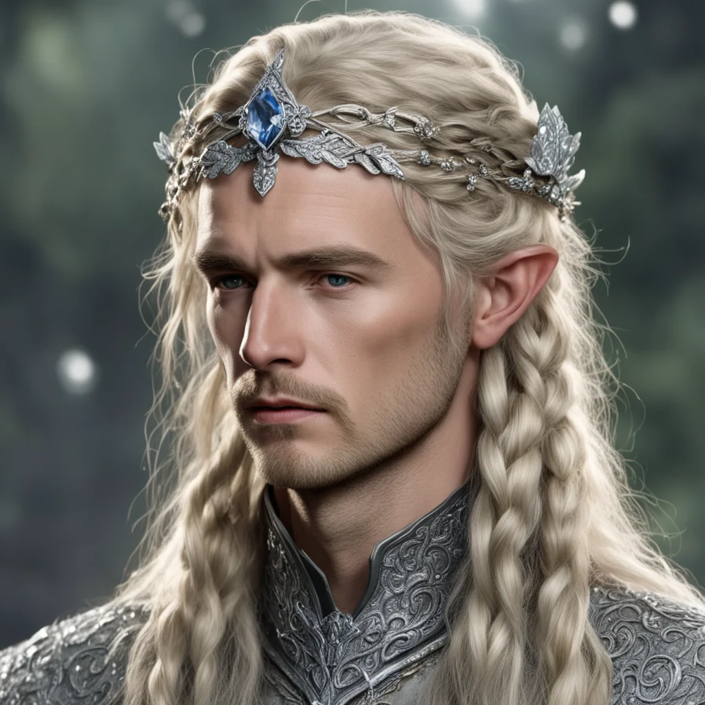 aitolkien king amroth with blond hair with braids wearing silver flower elvish circlet encrusted with diamonds with large center diamond good looking trending fantastic 1