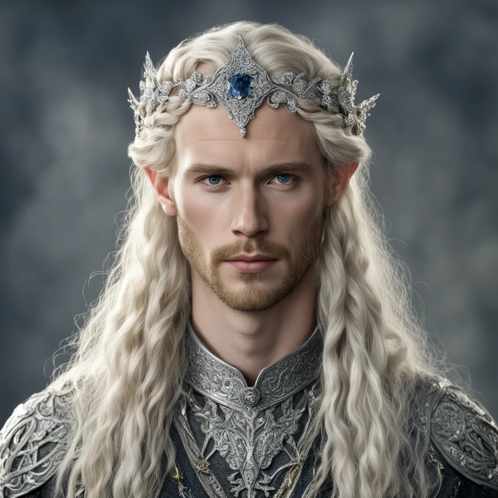 tolkien king amroth with blond hair with braids wearing silver flower elvish circlet encrusted with diamonds with large center diamond