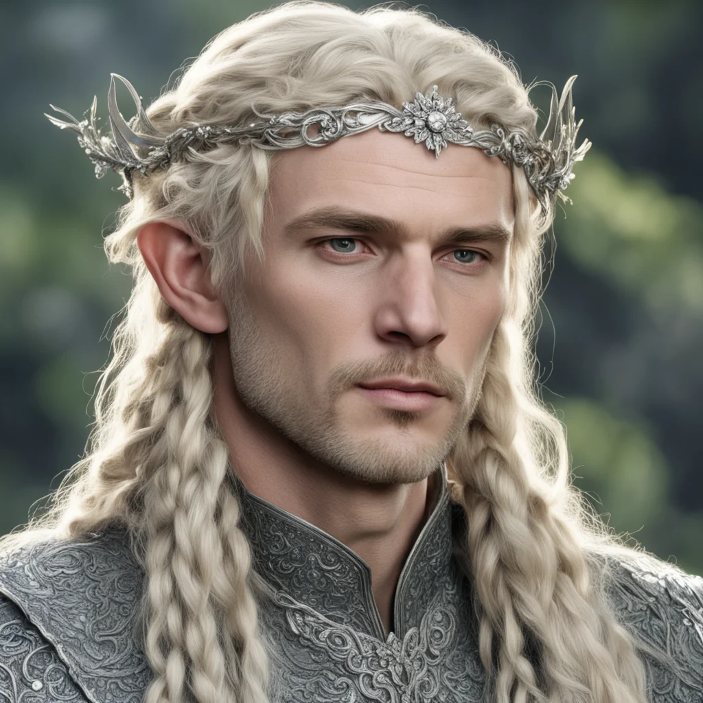 aitolkien king amroth with blond hair with braids wearing silver flower elvish circlet encrusted with diamonds