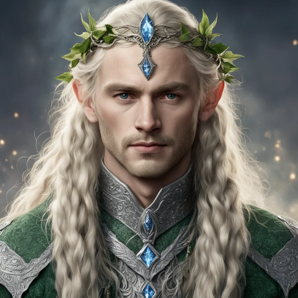 aitolkien king amroth with blond hair with braids wearing silver holly leaf and diamond encrusted elvish circlet with large diamond in center confident engaging wow artstation art 3