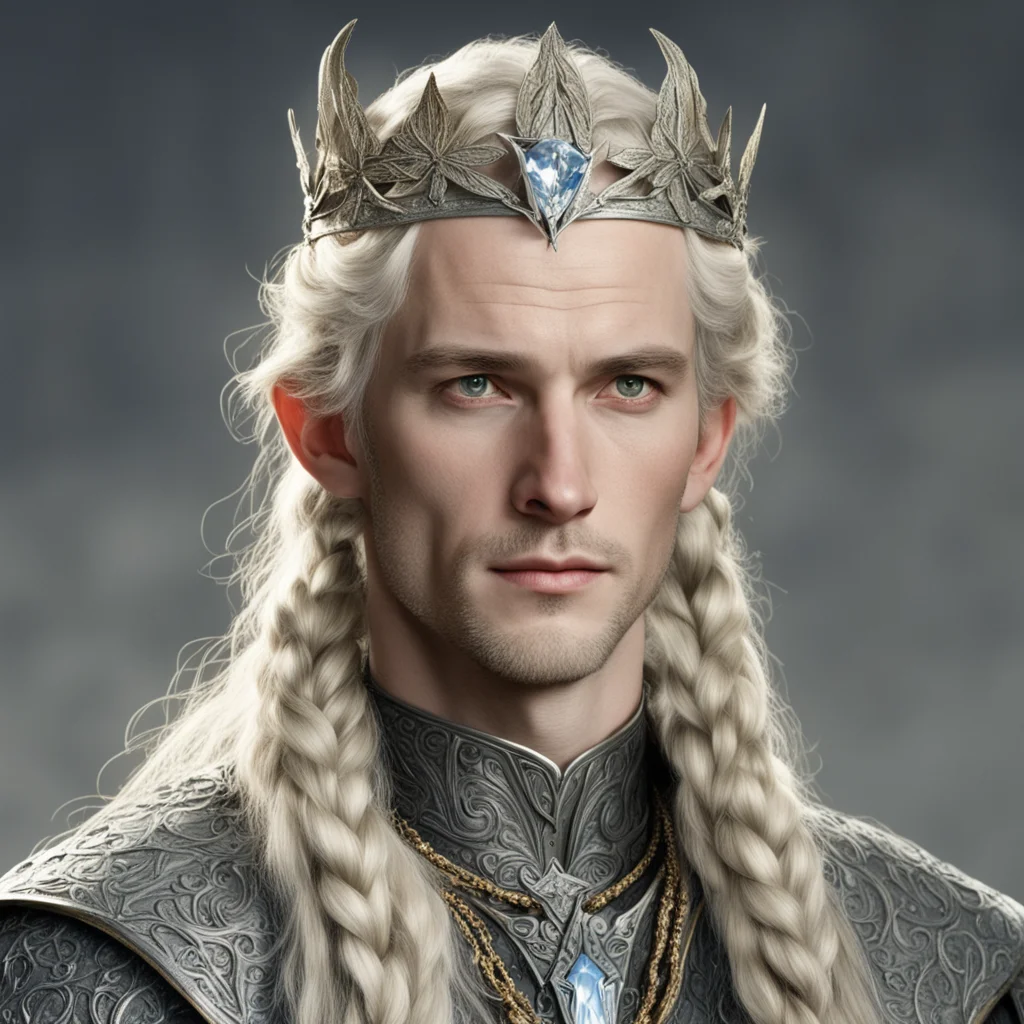 aitolkien king amroth with blond hair with braids wearing silver holly leaf and diamond encrusted elvish circlet with large diamond in center good looking trending fantastic 1