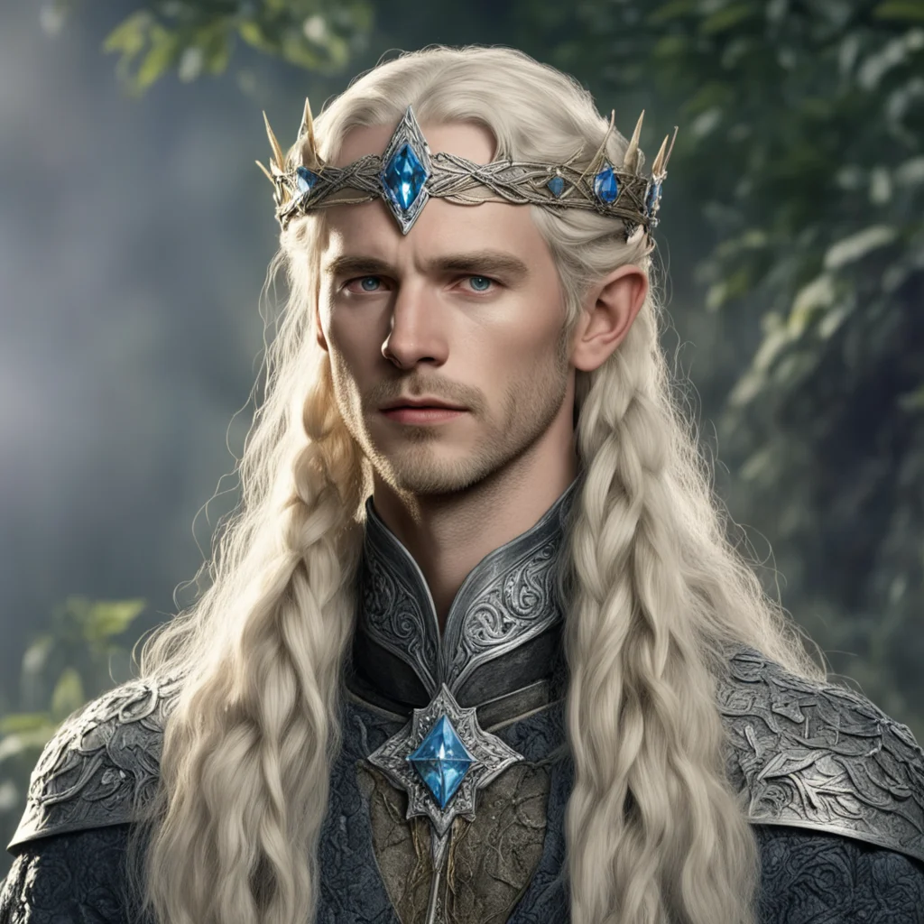 aitolkien king amroth with blond hair with braids wearing silver holly leaf and diamond encrusted elvish circlet with large diamond in center
