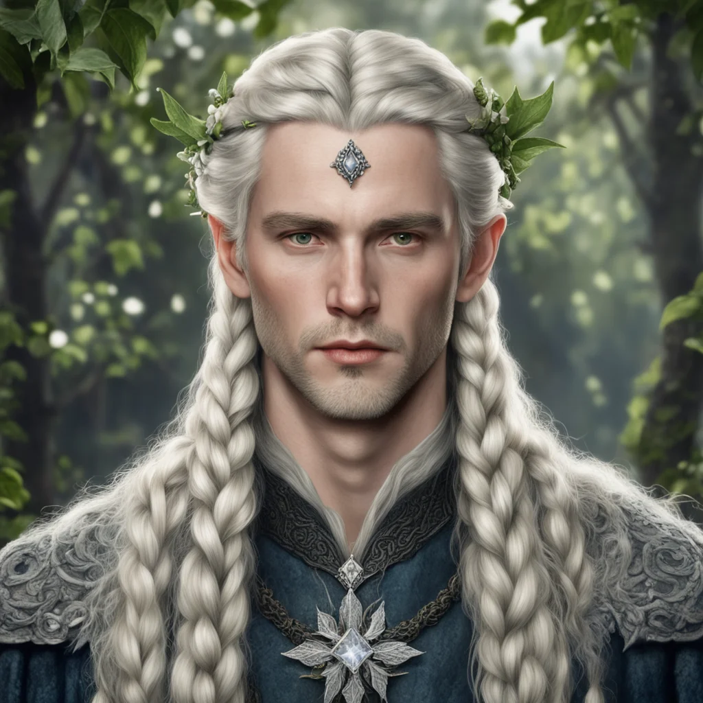 aitolkien king amroth with blond hair with braids wearing silver holly leaf with diamond berry elvish circlet with large center diamond amazing awesome portrait 2