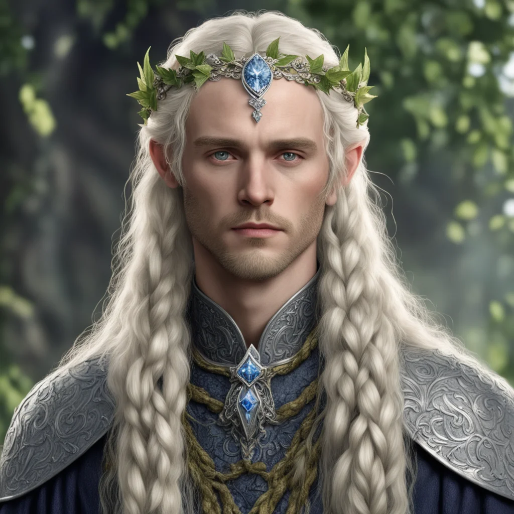 aitolkien king amroth with blond hair with braids wearing silver holly leaf with diamond berry elvish circlet with large center diamond good looking trending fantastic 1