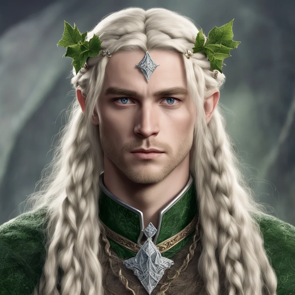 tolkien king amroth with blond hair with braids wearing silver holly leaf with diamond berry elvish circlet with large center diamond