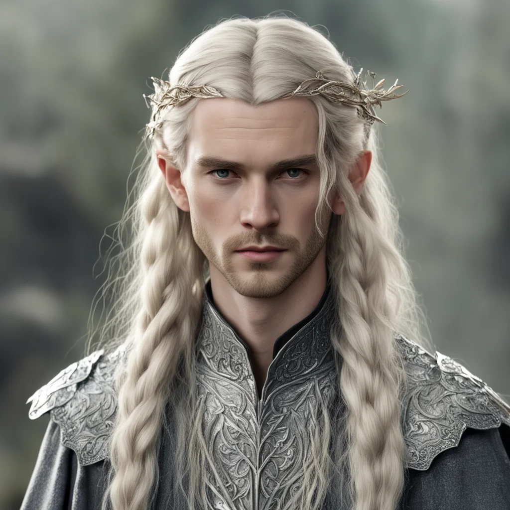 aitolkien king amroth with blond hair with braids wearing silver leaf elven hair forks with diamonds amazing awesome portrait 2