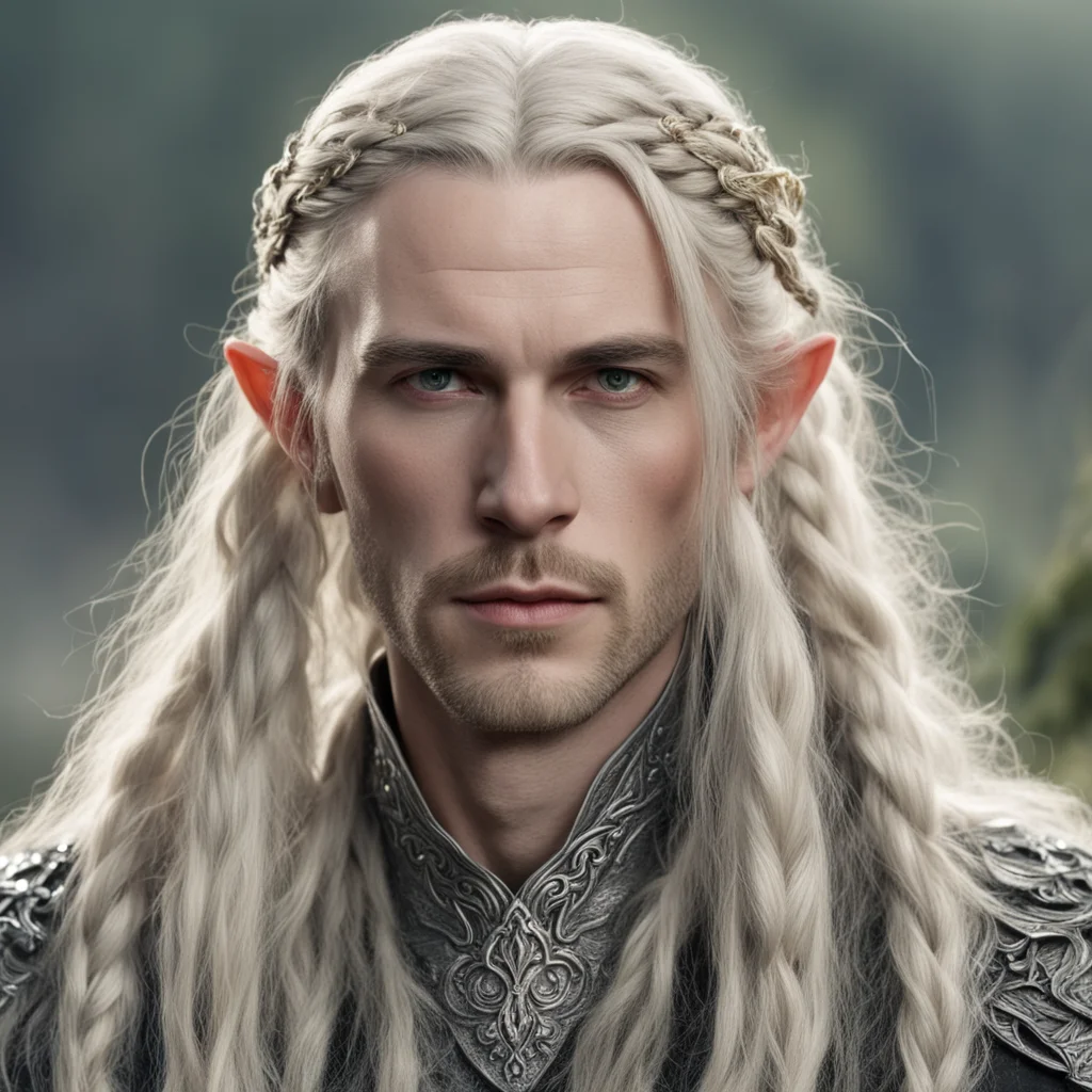 tolkien king amroth with blond hair with braids wearing silver leaf elven hair forks with diamonds good looking trending fantastic 1