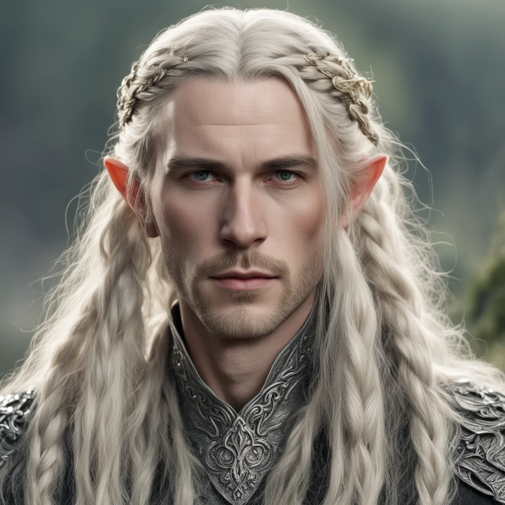 aitolkien king amroth with blond hair with braids wearing silver leaf elven hair forks with diamonds good looking trending fantastic 1