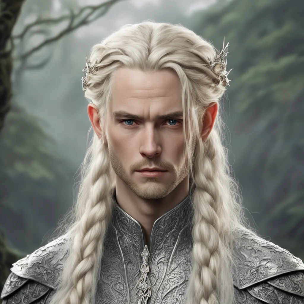 aitolkien king amroth with blond hair with braids wearing silver leaf elven hair forks with diamonds
