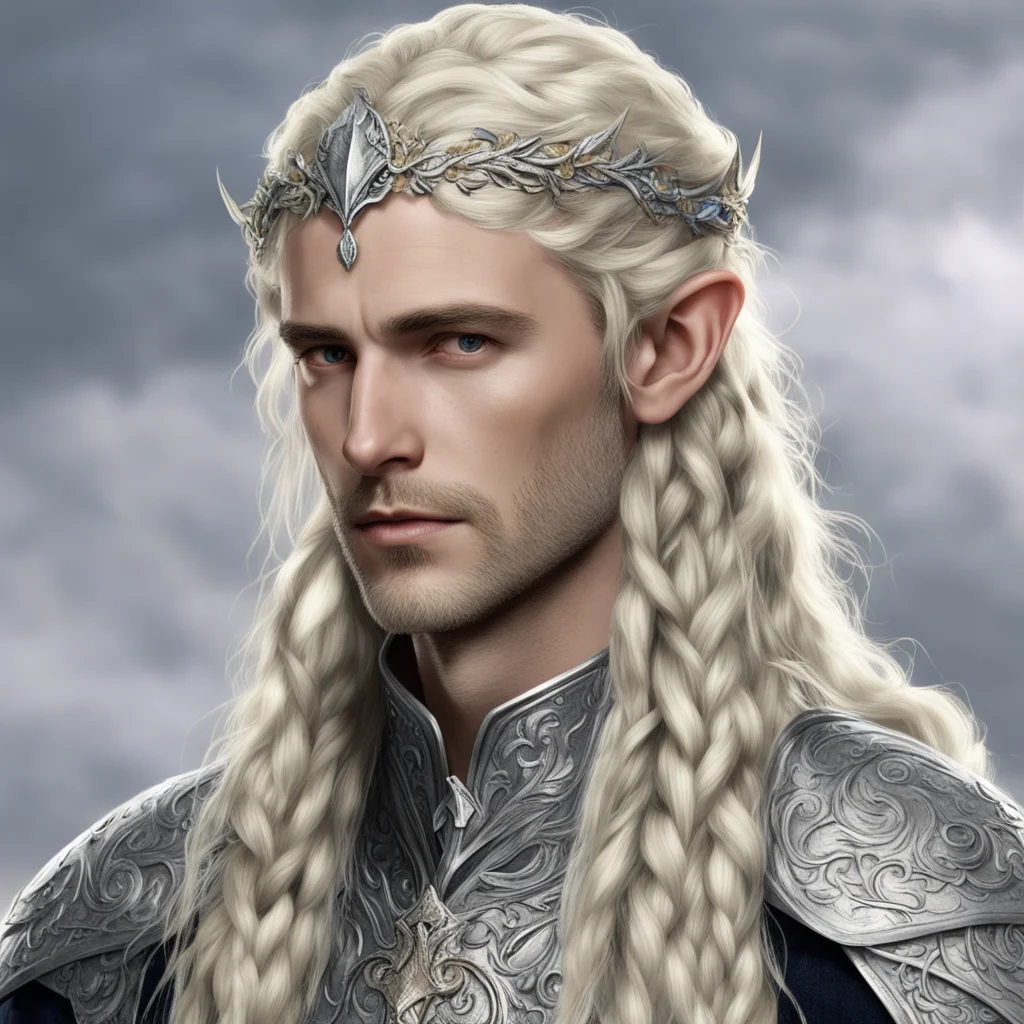 aitolkien king amroth with blond hair with braids wearing silver leaf with silver berry elven circlet with diamonds good looking trending fantastic 1
