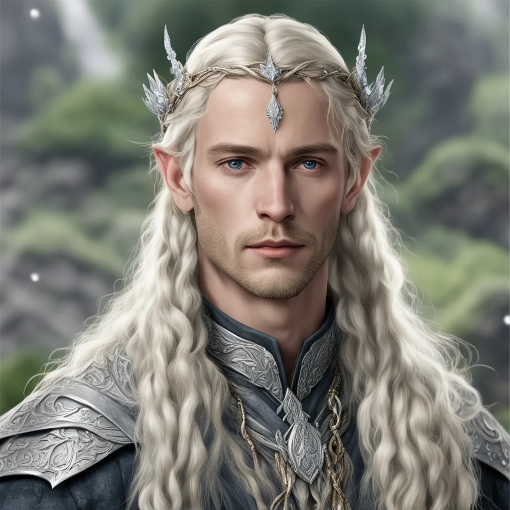 aitolkien king amroth with blond hair with braids wearing silver leaf with silver berry elven circlet with diamonds
