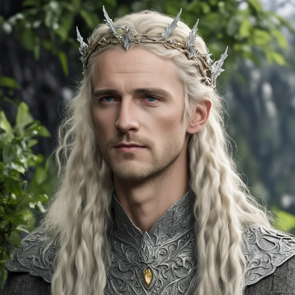 aitolkien king amroth with blond hair with braids wearing silver oak leaf elvish circlet encrusted with diamonds good looking trending fantastic 1