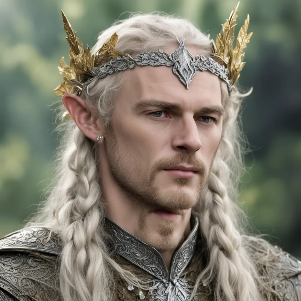 tolkien king amroth with blond hair with braids wearing silver oak leaf elvish circlet encrusted with diamonds