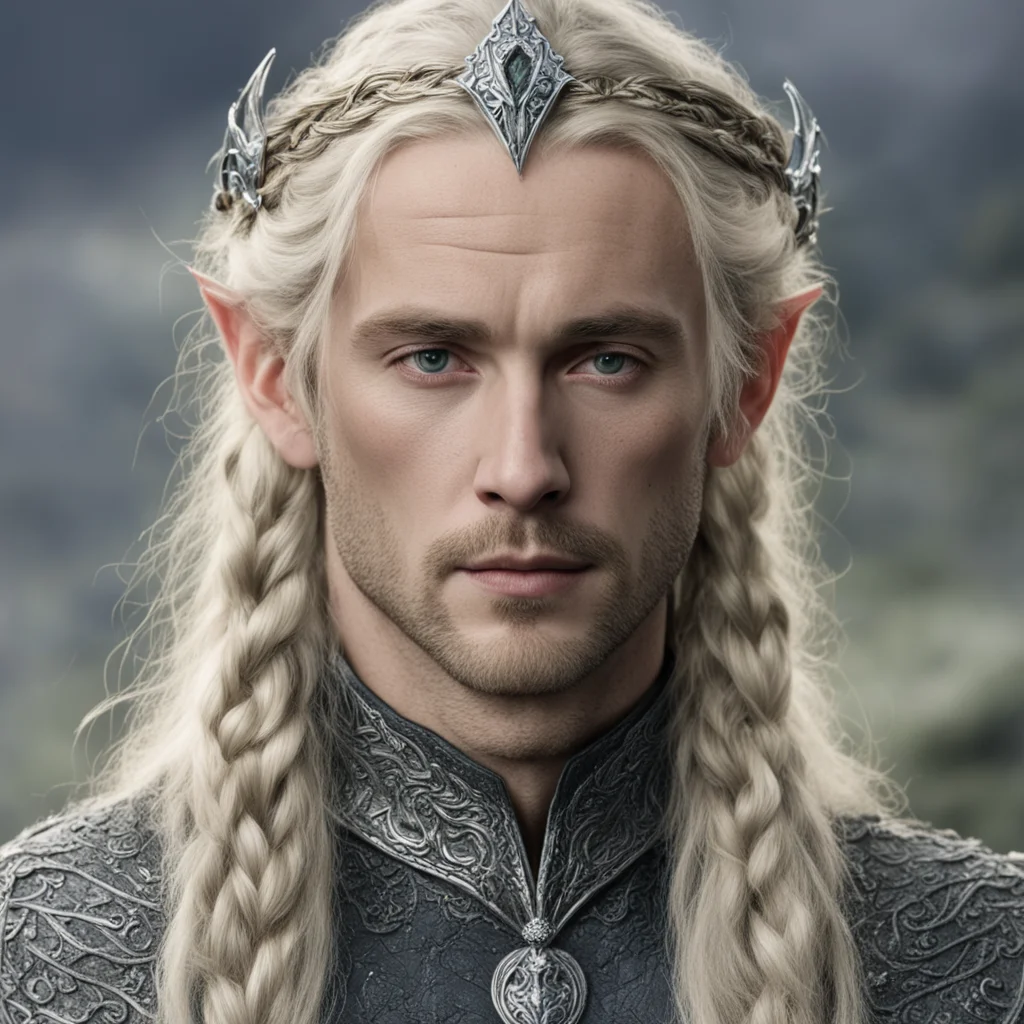 aitolkien king amroth with blond hair with braids wearing silver serpentine elvish circlet encrusted with diamonds good looking trending fantastic 1