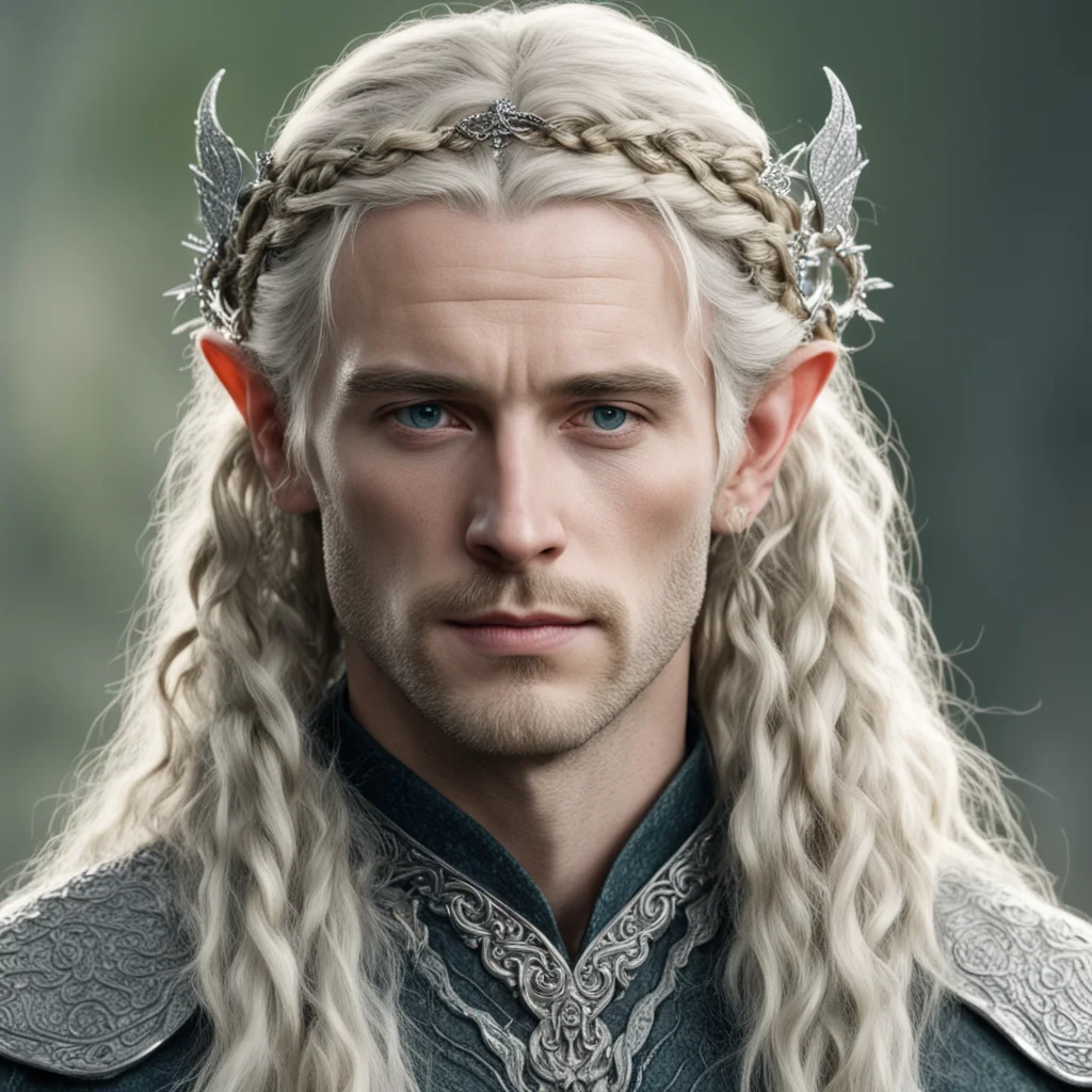 tolkien king amroth with blond hair with braids wearing silver serpentine elvish circlet encrusted with diamonds
