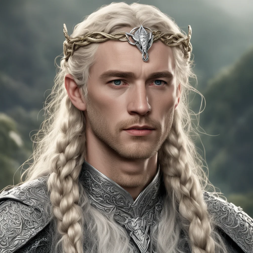 aitolkien king amroth with blond hair with braids wearing silver serpents intertwined circlet with diamonds good looking trending fantastic 1