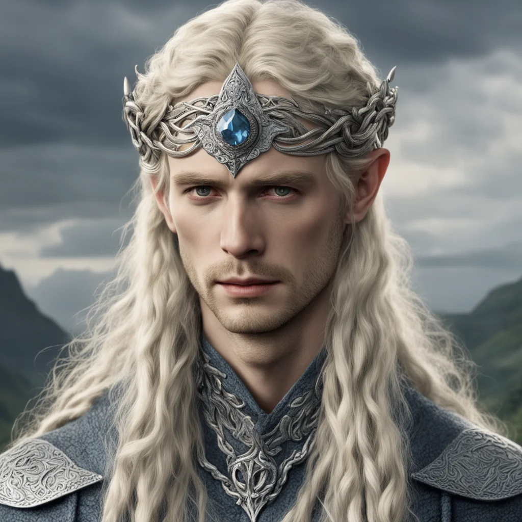 tolkien king amroth with blond hair with braids wearing silver serpents intertwined circlet with diamonds