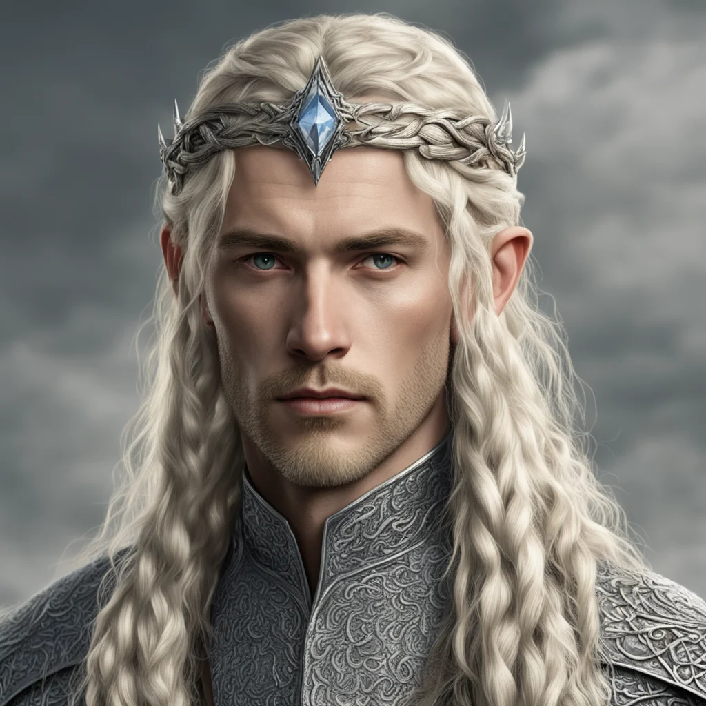 tolkien king amroth with blond hair with braids wearing silver snake elven circlet with diamonds confident engaging wow artstation art 3