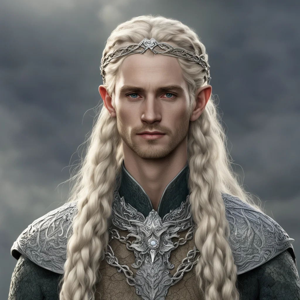 aitolkien king amroth with blond hair with braids wearing silver snake elven circlet with diamonds good looking trending fantastic 1