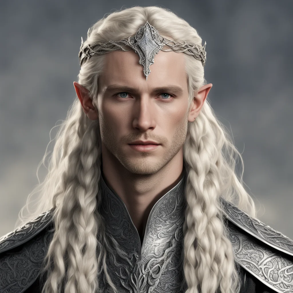 aitolkien king amroth with blond hair with braids wearing silver snake elven circlet with diamonds