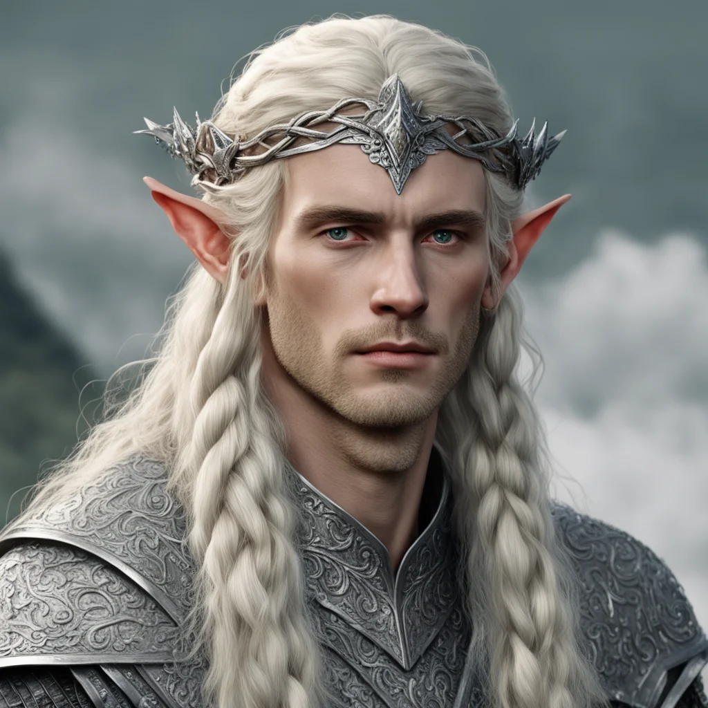 aitolkien king amroth with blond hair with braids wearing silver wood elf circlet encrusted with diamonds good looking trending fantastic 1