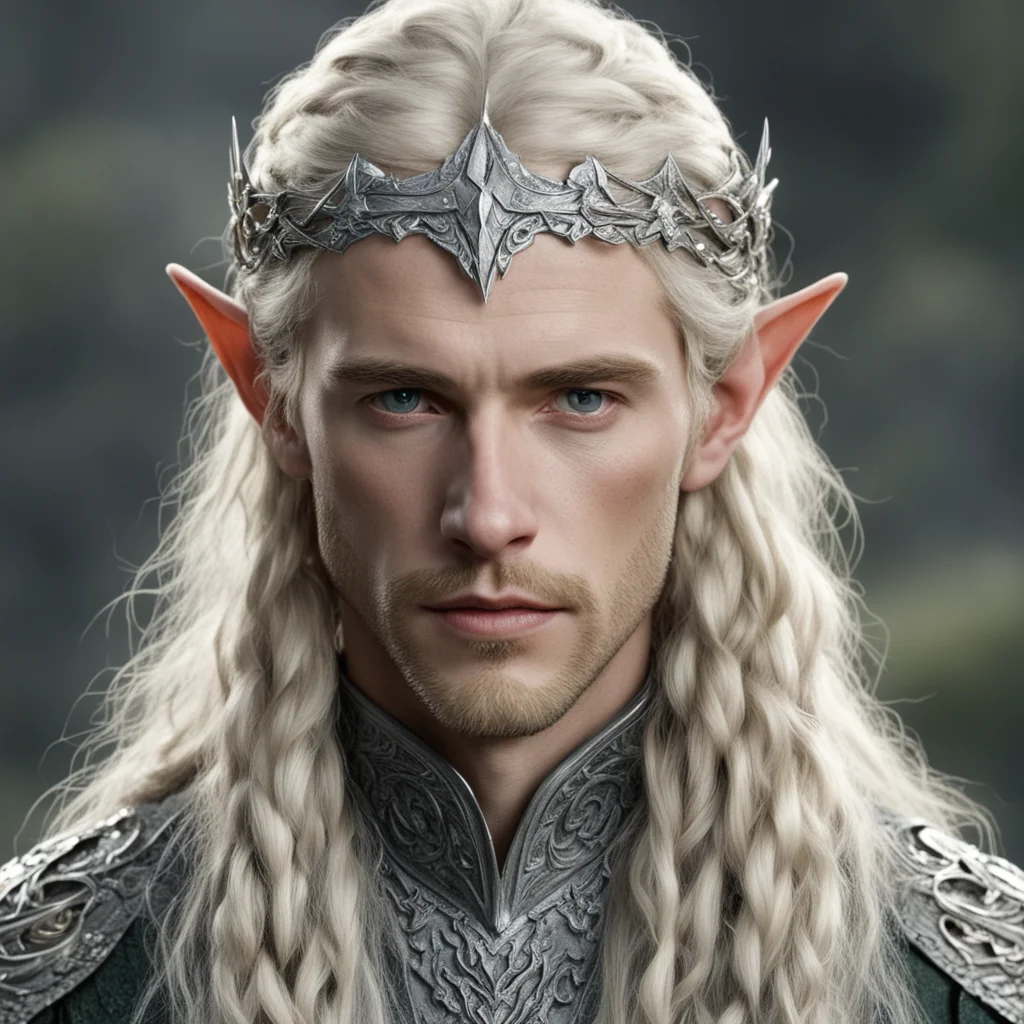 aitolkien king amroth with blond hair with braids wearing silver wood elf circlet encrusted with diamonds