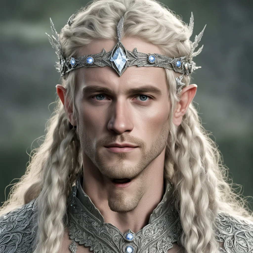 aitolkien king amroth with blonde hair and braids wearing silver laurel leaf elvish circlet heavily encrusted with diamonds with large center circular diamond amazing awesome portrait 2