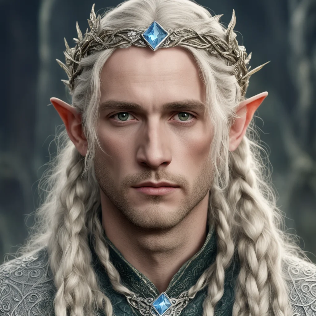 aitolkien king amroth with blonde hair and braids wearing silver laurel leaf elvish circlet heavily encrusted with diamonds with large center circular diamond good looking trending fantastic 1