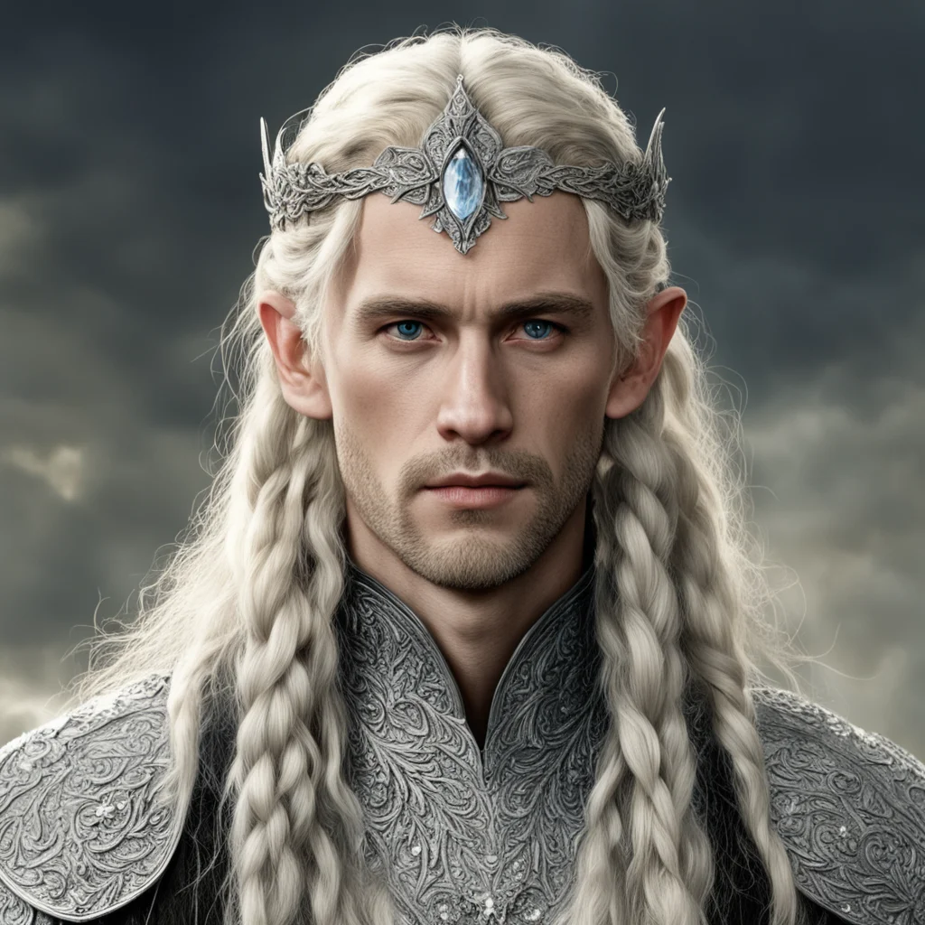 tolkien king amroth with blonde hair and braids wearing silver laurel leaf elvish circlet heavily encrusted with diamonds with large center circular diamond